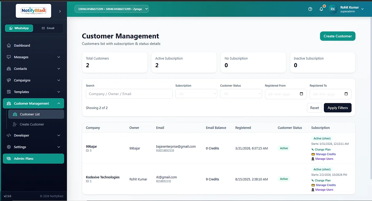 NotiyBlast - Customer Management Dashboard